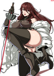 Rule 34 | 1girl, absurdres, alecto 0, artist name, ass, bad id, bad twitter id, bare shoulders, belt, bodysuit, boots, breasts, coat, covered erect nipples, detached sleeves, earrings, framed breasts, fur coat, gloves, hair between eyes, high heels, highres, holding, holding weapon, jewelry, kirijou mitsuru, kneeling, large breasts, lips, long hair, looking to the side, on one knee, partially visible vulva, persona, persona 3, persona 4: the ultimate in mayonaka arena, rapier, red eyes, red hair, simple background, solo, sword, thigh boots, thighhighs, weapon, white background