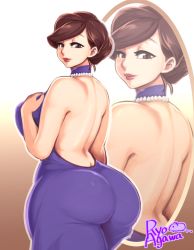 Rule 34 | 1girl, agawa ryou, artist name, ass, back, backless outfit, bad id, bad tumblr id, breast suppress, breasts, brown eyes, brown hair, dress, female focus, from behind, halterneck, huge ass, huge breasts, jewelry, lips, lipstick, looking back, makeup, mature female, necklace, pearl necklace, plump, short hair, smile, solo, wide hips, zoom layer