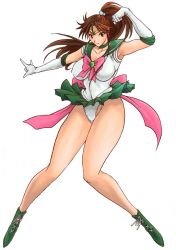 Rule 34 | 1990s (style), 1girl, \m/, bishoujo senshi sailor moon, boots, bow, breasts, brown hair, choker, clothes lift, covered erect nipples, cross-laced footwear, curvy, earrings, elbow gloves, gloves, green eyes, jewelry, kino makoto, lace-up boots, large breasts, legs, leotard, long hair, long legs, magical girl, miniskirt, ponytail, retro artstyle, sailor collar, sailor jupiter, sailor senshi uniform, signal-green, skirt, skirt lift, solo, tiara, wind, wind lift