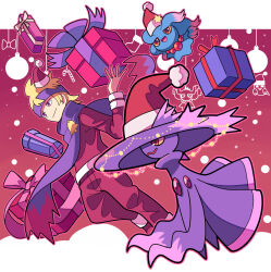 Rule 34 | 1boy, alternate costume, bell, blonde hair, box, christmas, closed mouth, clothed pokemon, commentary request, creatures (company), game freak, gen 2 pokemon, gen 4 pokemon, gift, gift box, hand up, hat, headband, highres, long sleeves, male focus, medium hair, misdreavus, mismagius, morty (pokemon), nintendo, pokemon, pokemon hgss, purple eyes, purple headband, purple ribbon, purple scarf, red headwear, red ribbon, ribbon, santa hat, scarf, smile, sutokame