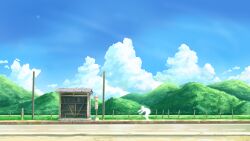 Rule 34 | 1boy, blue sky, bus stop, cloud, commentary request, day, fence, field, glowing, highres, hill, lamppost, manatsu no yo no inmu, outdoors, road, road sign, rural, scenery, sign, sky, tyb (inmu), yajuu senpai