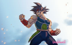 Rule 34 | 1boy, armor, artist name, bardock, black hair, clenched hands, commentary request, dragon ball, fingernails, headband, looking to the side, male focus, muscular, naomi (nplusn), open mouth, red headband, solo, spiked hair, tail, teeth, tongue, watermark