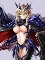 Rule 34 | 1girl, armor, armored dress, artoria pendragon (fate), artoria pendragon (lancer alter) (fate), blonde hair, blush, breasts, cape, cleavage, commentary request, cowboy shot, edobox, fate/grand order, fate (series), gauntlets, horns, large breasts, looking at viewer, navel, pauldrons, shiny clothes, shiny skin, short hair, short hair with long locks, shoulder armor, sideboob, smile, solo, underboob, yellow eyes