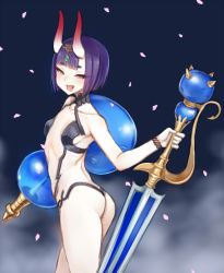 Rule 34 | 1girl, :p, ass, bare arms, bare shoulders, blunt bangs, collarbone, fate/grand order, fate (series), from behind, gem, gourd, green gemstone, headpiece, highres, holding, holding sword, holding weapon, horns, kou (garakuta teikoku), looking at viewer, oni, petals, purple background, purple hair, revealing clothes, short hair, shuten douji (fate), simple background, sketch, smile, solo, sword, thighs, tired, tongue, tongue out, unsheathed, weapon