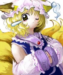 Rule 34 | 1girl, animal ears, blonde hair, blue tabard, blush, blush stickers, closed mouth, dress, fox ears, fox tail, hands in opposite sleeves, hat, kitsune, long sleeves, mob cap, multiple tails, one eye closed, pout, short hair, solo, tabard, tail, touhou, white background, yakumo ran, yakumora n, yellow eyes, zun (style)