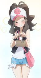Rule 34 | 1girl, asamaru1225, black vest, black wristband, blue shorts, blush, brown hair, closed eyes, commentary request, cowboy shot, creatures (company), facing viewer, game freak, grin, hands up, high ponytail, highres, hilda (pokemon), holding, long hair, nintendo, open clothes, open vest, poke ball print, pokemon, pokemon bw, shirt, shorts, sidelocks, smile, solo, teeth, vest, white background, white shirt