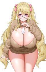 Rule 34 | 1girl, absurdres, blonde hair, breasts, cleavage, commission, glasses, hair ribbon, highres, huge breasts, long hair, long sleeves, looking at viewer, original, pink eyes, pink ribbon, ribbon, skeb commission, solo, suruga (xsurugax), sweater, thighs, twintails, white background