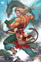 Rule 34 | 2boys, abs, animal ears, aquaman (dc), armor, artist name, beard, blonde hair, closed mouth, commentary, copyright name, dc comics, dragon, drawing, english commentary, facial hair, fighting stance, forehead, gloves, gold trim, green gloves, highres, holding, holding trident, in-hyuk lee, looking back, lower teeth only, male focus, mask, monkey boy, monkey ears, monkey tail, multiple boys, muscular, muscular male, open mouth, original, outdoors, polearm, sharp teeth, shoes, shoulder armor, signature, sleeveless, sneakers, splashing, tail, teeth, toned, toned male, trident, watermark, weapon, web address, white eyes