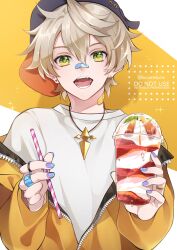 Rule 34 | alternate costume, bandaid, bandaid on face, bandaid on neck, bandaid on nose, bennett (genshin impact), blonde hair, cup, drinking glass, earrings, genshin impact, green eyes, hair between eyes, highres, holding, holding cup, jacket, jewelry, luciarielucia, male focus, multiple boys, necklace, open mouth, short hair, smile, yellow jacket