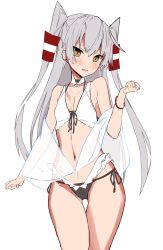 Rule 34 | 1girl, amatsukaze (kancolle), bikini, blush, breasts, brown eyes, cowboy shot, front-tie bikini top, front-tie top, highres, jewelry, kantai collection, long hair, looking at viewer, navel, ring, side-tie bikini bottom, silver hair, simple background, sketch, small breasts, smile, solo, swimsuit, takanashi kei (hitsujikan), thigh gap, thighs, two side up, white background, wristband