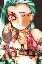 Rule 34 | 1girl, against glass, blue hair, cheek squash, female focus, fingerless gloves, gloves, image sample, jinx (league of legends), league of legends, one eye closed, pixiv sample, red eyes, solo, tattoo, wink