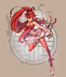 Rule 34 | 1girl, ankle boots, bare shoulders, boots, dress, full body, hair ribbon, high ponytail, long hair, original, rapier, red eyes, red hair, red thighhighs, ribbon, running, solo, strapless, strapless dress, suhi86, sword, thighhighs, very long hair, weapon
