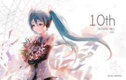 Rule 34 | 1girl, anniversary, artist name, blue eyes, blue hair, blue necktie, bouquet, character name, closed mouth, cube, dated, envelope, flower, globe, hair between eyes, hatsune miku, holding, holding bouquet, long hair, necktie, paper, shirt, sishenfan, sleeveless, sleeveless shirt, smile, solo, tareme, twintails, upper body, very long hair, vocaloid, white shirt