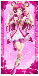 Rule 34 | 1girl, bike shorts, boots, bow, card (medium), cure dream, detached sleeves, double v, dress, flower, full body, hair bow, hair flower, hair ornament, hair rings, hanzou, highres, leg up, long hair, looking at viewer, pink eyes, pink footwear, pink theme, precure, purple shorts, red hair, rose, short dress, short sleeves, shorts, shorts under dress, solo, sparkle, standing, standing on one leg, swept bangs, two side up, v, very long hair, white dress, white flower, white rose, yellow bow, yes! precure 5
