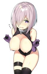 Rule 34 | 1girl, bare shoulders, black thighhighs, blush, breasts, breasts out, elbow gloves, embarrassed, fate/grand order, fate (series), flying sweatdrops, gloves, hair over one eye, large breasts, leotard, looking at viewer, mash kyrielight, nipples, open mouth, purple eyes, purple gloves, purple hair, short hair, simple background, sky-freedom, solo, tears, thigh strap, thighhighs, white background