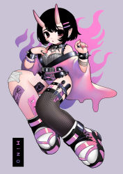 Rule 34 | 1girl, absurdres, asymmetrical legwear, bandages, bangle, belt, black hair, bracelet, choker, corset, ear piercing, fang, fishnet thighhighs, fishnets, hands up, highres, holster, horns, japanese clothes, jewelry, knife, mino (kirarayakubou), nail polish, original, piercing, pink eyes, pink nails, pointy ears, ring, sandals, screwdriver, short hair, single thighhigh, solo, spiked bracelet, spikes, tabi, talisman, thigh holster, thighhighs