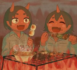 Rule 34 | 6+others, :d, absurdres, androgynous, avogado6, boiling, bowl, brown eyes, burnt, cannibalism, closed eyes, collared shirt, colored skin, commentary request, cooking, corpse, demon, demon horns, eating, fang, fire, food, food bite, food on face, grill, grilling, hands up, hell, highres, horns, kebab, long sleeves, marshmallow, medium hair, multiple others, open mouth, original, pointy ears, red skin, roasted marshmallow, roasting, shirt, single horn, skewer, skin-covered horns, skin fang, smile, upper body