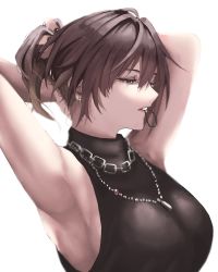 Rule 34 | 1girl, absurdres, aketa mikoto, armpits, arms behind head, arms up, black shirt, breasts, brown hair, chain necklace, earrings, highres, idolmaster, idolmaster shiny colors, jewelry, kaiyuugyo (furafura sunna), large breasts, looking down, mouth hold, nail polish, nape, necklace, ponytail, rubber band, shirt, simple background, sleeveless, sleeveless shirt, solo, tying hair, upper body, white background