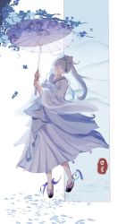 Rule 34 | 1girl, :3, baizhou011120, blue background, blue dress, blue flower, blue hair, blue wings, blush, border, chinese clothes, chinese text, closed eyes, dress, elira pendora, falling petals, floral print, flower, hair ornament, hair over one eye, hanfu, head wings, highres, holding, holding umbrella, long hair, nijisanji, nijisanji en, one eye covered, petals, shoes, smile, solo, umbrella, virtual youtuber, white background, white footwear, wings, x hair ornament