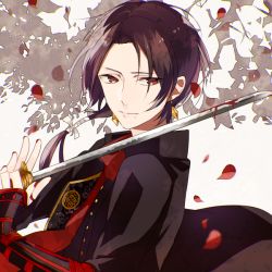 Rule 34 | 10s, 1boy, armor, bad id, bad pixiv id, blood, bloody weapon, brown hair, closed mouth, earrings, holding, holding sword, holding weapon, japanese armor, jewelry, kashuu kiyomitsu, lips, long hair, looking at viewer, male focus, mole, mole under mouth, nail polish, noda (yncoon), petals, ponytail, red eyes, red nails, red scarf, scarf, solo, sword, touken ranbu, upper body, weapon