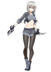 Rule 34 | 1girl, absurdres, belt, black pantyhose, blue eyes, boots, bustier, dagger, dog tags, dual wielding, fingerless gloves, full body, gloves, gun, hair between eyes, handgun, highres, holding, knife, midriff, navel, original, pantyhose, pantyhose under shorts, short hair, short shorts, shorts, shunichi, silver hair, simple background, sleeves rolled up, solo, standing, weapon, white background