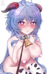 Rule 34 | 1girl, ahoge, animal print, bare shoulders, bell, blue hair, blush, breasts, censored, commentary, cow print, detached collar, ganyu (genshin impact), genshin impact, goat horns, hands up, heart, heart-shaped pupils, heart censor, highres, horns, large breasts, leash, long hair, navel, neck bell, necrotenshi, nipples, nude, parted lips, print thighhighs, purple eyes, sitting, solo, symbol-shaped pupils, thighhighs, very long hair, viewer holding leash, wavy hair