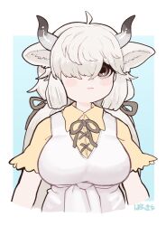 Rule 34 | 1girl, :3, blush, bow, bowtie, brown bow, brown bowtie, brown hair, collared shirt, dress, hair over one eye, hair tie, kemono friends, ox ears, ox girl, ox horns, pokichi (ponkichi kemo), shirt, short sleeves, sidelocks, solo, t-shirt, twintails, upper body, white dress, white hair, yak (kemono friends), yellow shirt