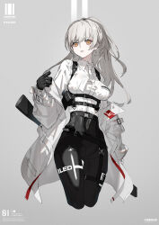 Rule 34 | 1girl, a-z f01 (neco), also sprach zarathustra (neco), belt, breasts, chest harness, coat, english text, gloves, grey hair, gun, harness, large breasts, long hair, looking at viewer, necktie, neco, original, pale skin, parted lips, rifle, skin tight, solo, thigh gap, thigh strap, underbust, weapon, white hair, yellow eyes