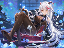 Rule 34 | 1girl, aegir (azur lane), ass, azur lane, bodystocking, breasts, cleavage, clothing cutout, covered navel, earrings, eyeshadow, feet, flower, hand up, highres, horns, jewelry, knees up, large breasts, long hair, looking at viewer, makeup, miaogujun, multicolored hair, no shoes, parted lips, petals, revealing clothes, rose, shoulder cutout, sidelocks, skindentation, smile, solo, stained glass, streaked hair, thigh strap, thighs, toes, very long hair, white hair, yellow eyes