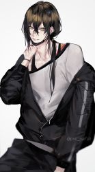 Rule 34 | 1boy, alternate costume, black hair, black jacket, black mask, black pants, commentary, fate/grand order, fate (series), green eyes, grey background, hair between eyes, jacket, jewelry, long hair, long sleeves, looking at viewer, male focus, mask, mouth mask, open clothes, open jacket, pants, ponytail, pvc parfait, ring, simple background, smile, solo, tattoo, teeth, toned, toned male, twitter username, very long hair, yan qing (fate)