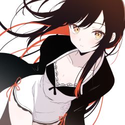 Rule 34 | 1girl, bad id, bad pixiv id, black hair, black jacket, breasts, brown eyes, byakuya reki, cleavage, collarbone, commentary, dress, english commentary, highres, jacket, looking at viewer, multicolored hair, open clothes, open jacket, orange hair, original, parted lips, simple background, small breasts, smile, solo, two-tone hair, white background, white dress