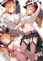 Rule 34 | !, 1boy, 1girl, alternate costume, arm up, armpits, black hat, blush, breasts, brown eyes, closed eyes, disembodied hand, fishnet thighhighs, fishnets, grabbing, grabbing another&#039;s breast, grabbing from behind, hat, holding, holding polearm, holding weapon, implied sex, large breasts, long hair, looking at viewer, low twintails, motion lines, multiple views, nami (one piece), navel, one piece, one piece film: red, orange hair, pink thighhighs, pirate hat, polearm, shirt, shiseki hirame, simple background, smile, solo, standing, stomach, sword, thighhighs, twintails, weapon, white background, white shirt
