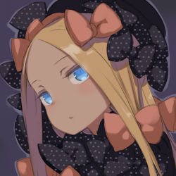 Rule 34 | 1girl, abigail williams (fate), black background, black bow, black hat, blonde hair, blue eyes, bow, fate/grand order, fate (series), hair bow, hat, kuroboshi kouhaku, long hair, looking at viewer, looking to the side, orange bow, parted bangs, polka dot, polka dot bow, portrait, simple background, solo