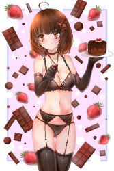 Rule 34 | 1girl, absurdres, ahoge, black bra, black gloves, black panties, black thighhighs, blush, body blush, bra, breasts, brown eyes, brown hair, cake, candy, chocolate, chocolate bar, chocolate cake, chocolate hair ornament, choker, cleavage, cowboy shot, elbow gloves, food, food-themed background, food-themed hair ornament, food background, fork, frilled bra, frills, fruit, garter belt, gloves, gluteal fold, hair ornament, highres, holding, holding plate, jewelry, large breasts, legs together, looking at viewer, navel, necklace, original, outside border, panties, parted lips, plate, smile, solo, standing, sticker, strawberry, thigh gap, thighhighs, thighs, underwear, underwear only, yukineko1018