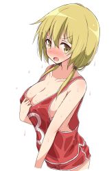 Rule 34 | 1girl, blonde hair, blush, breasts, cleavage, embarrassed, ichii yui, large breasts, mel (melty pot), no bra, simple background, solo, standing, sweat, twintails, white background, yellow eyes, yuyushiki