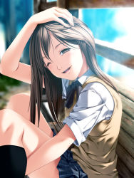 Rule 34 | 1girl, arm up, bench, black bow, black bowtie, black legwear, blurry, blurry background, blush, bow, bowtie, brown eyes, brown hair, collared shirt, depth of field, fingernails, from side, hair between eyes, hand on own head, indoors, knees up, looking at viewer, one eye closed, open mouth, original, plaid, plaid skirt, rezi, round teeth, school uniform, serafuku, shiny skin, shirt, short sleeves, sitting, skirt, sleeves rolled up, smile, solo, teeth, white shirt, wink