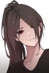 Rule 34 | 1girl, absurdres, brown hair, brown shirt, collarbone, commentary, english commentary, head tilt, highres, hitozche, long hair, looking at viewer, original, parted lips, ponytail, red eyes, shirt, signature, simple background, solo, teeth, white background