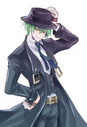 Rule 34 | 1boy, arc system works, bad id, bad pixiv id, blazblue, fedora, fingerless gloves, gloves, green hair, grin, hand on own hip, hat, hazama, hip focus, male focus, necktie, smile, solo, sumeshi (ambivalince), yellow eyes