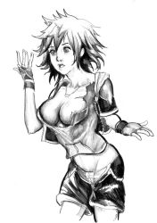 Rule 34 | 1girl, breasts, cleavage, cluedog, fingerless gloves, gender request, genderswap, gloves, greyscale, groin, kingdom hearts, leaning forward, midriff, monochrome, open mouth, short hair, shorts, simple background, solo, sora (kingdom hearts)