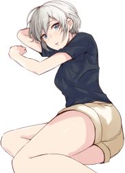 1girl anastasia_(idolmaster) blue_eyes blue_shirt earrings eyelashes female_focus hair_between_eyes hip_focus idolmaster idolmaster_cinderella_girls jewelry keikesu lying on_side shirt shorts silver_hair simple_background solo t-shirt thighs white_background