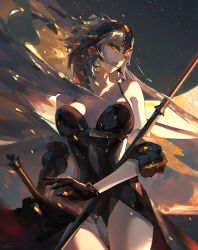 Rule 34 | aenrs, black dress, black gloves, breasts, cleavage, commentary, cowboy shot, cutout above navel, dress, fate/grand order, fate (series), flag, gauntlets, gloves, grey hair, halter dress, halterneck, headpiece, highres, jeanne d&#039;arc (fate), jeanne d&#039;arc alter (avenger) (fate), jeanne d&#039;arc alter (fate), large breasts, looking away, medium hair, parted lips, sheath, sheathed, shoulder pads, single gauntlet, sleeveless, solo, standing, symbol-only commentary, teeth, tsurime, yellow eyes