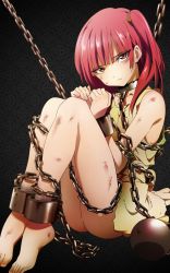 Rule 34 | 1girl, artist request, asymmetrical hair, ball and chain restraint, barefoot, bdsm, bondage, bound, bound ankles, bound wrists, bruise, chain, collar, cuffs, dirty, dirty feet, dress, highres, injury, leash, long hair, magi the labyrinth of magic, morgiana, no panties, non-web source, red eyes, red hair, restrained, rust, shackled, shackles, side ponytail, slave, solo, torn clothes, torn dress