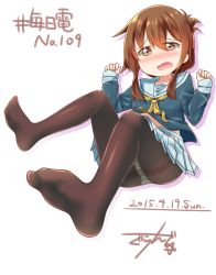 Rule 34 | 10s, 1girl, 2015, brown eyes, brown hair, character request, cosplay, dated, folded ponytail, gurande (g-size), highres, inazuma (kancolle), kantai collection, long hair, panties, panties under pantyhose, pantyhose, school uniform, serafuku, solo, striped clothes, striped panties, underwear