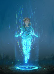 Rule 34 | 1boy, blue background, blue theme, blue tunic, boots, brown hair, closed eyes, facing up, facing viewer, floating, light particles, light trail, link, magic circle, male focus, nintendo, outstretched hand, pants, parted lips, short sleeves, sidelocks, solo, strap, the legend of zelda, the legend of zelda: breath of the wild, vizerothree