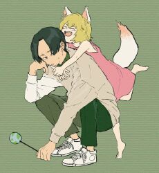Rule 34 | 1boy, 1girl, animal ears, black eyes, black hair, blonde hair, blush, brown sweater, curtained hair, dress, facial hair, fang, fox ears, fox tail, full body, furrowed brow, goatee stubble, green background, green pants, green shirt, hacchi (napoli no otokotachi), hand on own cheek, hand on own face, holding, holding wand, hug, hug from behind, long sleeves, looking at another, looking back, mutsu umi, napoli no otokotachi, open mouth, pants, pele (napoli no otokotachi), pink dress, plaid, plaid shirt, shirt, shirt under sweater, shoes, short hair, slav squatting, smile, sneakers, squatting, striped background, stubble, sweatdrop, sweater, tail, tiptoes, wand