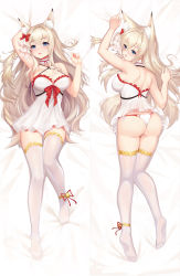 Rule 34 | 1girl, animal ear fluff, animal ears, bare arms, bare back, bare shoulders, bed, bell, blonde hair, blue eyes, bow, breasts, cat ears, cat girl, choker, dakimakura (medium), dress, feet, full body, hair bow, highres, large breasts, long hair, looking at viewer, lying, multiple views, no shoes, original, panties, red bow, shoes, skirt, sramy, thighhighs, underwear, white dress, white panties, white skirt, white thighhighs