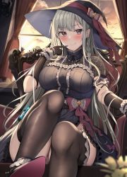 Rule 34 | 1girl, anklet, armband, bat (animal), blush, bow, braid, breasts, chair, cloud, commentary request, curtains, earrings, elbow gloves, frills, gloves, grey hair, hat, highres, indoors, jewelry, large breasts, long hair, looking at viewer, original, short sleeves, sitting, smile, solo, thighhighs, tomoo (tomo), window, witch hat, wristband