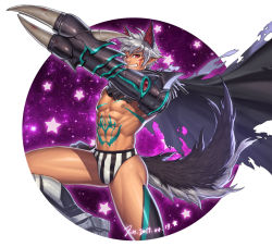 Rule 34 | 1boy, abs, animal ears, bara, biceps, cape, chest tattoo, claws, dungeon and fighter, facial tattoo, fighting stance, jin (sirius-j), leg armor, looking at viewer, male fighter (dungeon and fighter), male focus, male swimwear, manly, mature male, mechanical arms, muscular, muscular male, navel, no pants, one-piece swimsuit, pectorals, pointy ears, print male swimwear, print swim briefs, red eyes, smile, solo, spiked hair, star (symbol), stomach tattoo, striped clothes, striped one-piece swimsuit, swim briefs, swimsuit, tail, tattoo, teeth, topless male, torn clothes, vertical-striped clothes, vertical-striped male swimwear, vertical-striped one-piece swimsuit, white hair, white male swimwear, white swim briefs, wolf, wolf ears, wolf tail