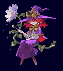 Rule 34 | 1girl, arlmuffin, boots, bow, capelet, closed mouth, crescent, earrings, flower, full body, hat, jewelry, kirisame marisa, kirisame marisa (pc-98), long sleeves, pointy ears, purple skirt, red eyes, red hair, shirt, short hair, simple background, skirt, smile, solo, touhou, touhou (pc-98), white shirt, witch, witch hat