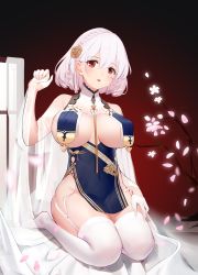 Rule 34 | 1girl, absurdres, azur lane, blush, breast curtains, breasts, china dress, chinese clothes, dress, flower, flyyao, garter straps, gloves, hair between eyes, hair ornament, highres, large breasts, looking at viewer, on bed, pink flower, red eyes, revealing clothes, short hair, sirius (azur lane), sirius (azure horizons) (azur lane), sitting, solo, thighhighs, white gloves, white hair, white thighhighs, window